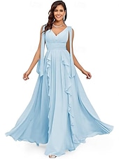 baratos Vestidos de Noite-Vestidos de Quinceanera A-Line Vestido Elegante Performance Natal Comprimento do Chão Sem Mangas Decote V Chiffon Costas Nuas com Pregas