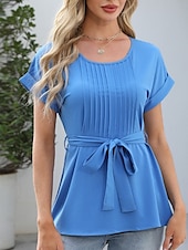billige Kvinne Enkle Topper-Dame Bluse Helfarge Stilfull Fritid Kortermet Crew-hals Vanlige topper Daglig Blondér Blå Fuksia Grønn Aprikos Sommer
