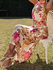 cheap Print Floral Dresses-Women's Long Dress Maxi Dress Floral Dress Halter Neck Dress Fashion Modern Vacation Going out Weekend Regular Fit Flower Sleeveless Halter Neck Yellow Pink Green Summer
