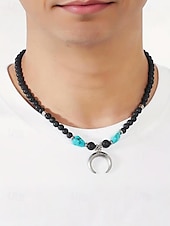 cheap Men&#039;s Jewelry-Men&#039;s Lava Rock Beaded Necklace with Turquoise and Crescent Moon Pendant - Boho Style, Adjustable Length, Unisex for Casual Wear, Outdoor and Daily Use