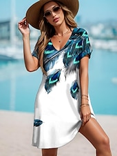 cheap Art&amp;Design Dress-Women&#039;s Mini Dress Casual Dress T Shirt Dress Tee Dress Sundress A Line Dress Vacation Casual Boho Regular Fit Ombre Graphic Feather Short Sleeve V Neck Peacock Blue Summer Spring