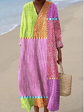 abordables Robes Rayés et Géométriques-Femmes Robe Midi Robe d&#039;Été Robe trapèze Vacances Occasionnel Boho Soirée Sortir Plage Graphique Géométrique Rayure manche longue Col en V Frêne Jaune Rose Claire Orange Été Printemps