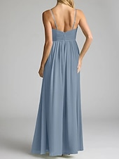 baratos Vestidos para Madrinhas-Vestido de dama de honra em corte A, decote em V / alças finas, sem mangas, elegante, longo, chiffon com pregas / frente aberta / franzido 2025
