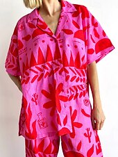 abordables Ensembles-Femmes Mode Streetwear Chemises en coton et lin Ensembles en coton et lin Ensembles de Pantalons Manche Courte Col de chemise Fleuri Imprimé Tenue quotidienne Date Rose Claire Été Coupe régulière