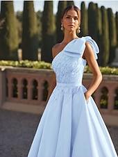 billige champagne-A-Linje Kveldskjole Elegant Kjole Formell Bryllup Gulvlengde Uten Ermer One Shoulder Sateng med Glitter Sløyfe(r) Perler