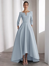 economico Abiti da cocktail-Abiti da Cocktail A-Line Blu Abito Elegante Formale Matrimonio Asimmetrico Maniche Lunghe Scollo a V Satin con Tasche