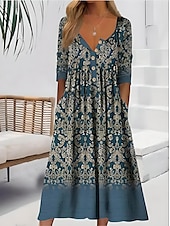 preiswerte Blumenkleid-Damen Midikleid Sommerkleid Faltenkleid Urlaub Lässig Strand Ferien Normale Passform Blumen Grafik Kurzarm Rundhalsausschnitt Weiß Blau Leicht Blau Sommer