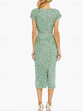 abordables Longueur du thé-Robe fourreau/colonne en dentelle à paillettes vert bleu pour mère de la mariée, élégante, simple et luxueuse, col en V, longueur thé, longueur midi, tulle, manches courtes, 2025