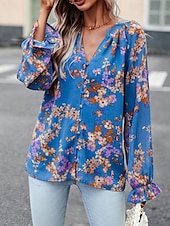billige Boho topper-Dame Boho skjorte Bluse Blomsternål i krystall Moderne Bohem Langermet V-hals Vanlige topper Daglig Ut på byen Trykt mønster Svart Navyblå Blå Aprikos Sommer