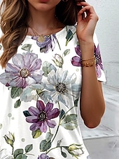 billige Blomster t-skjorte-Dame T skjorte Blomstret Grafisk Planter Årgang Stilfull Klassisk Kortermet Crew-hals Rund hals Vanlige topper Daglig Trykt mønster Lilla Sommer