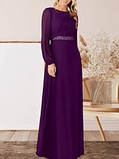 abordables Longueur du plancher-Robe A-Ligne pour Mère de la Mariée Invité de Mariage Élégante Col Arrondi Longueur Sol Chiffon Manches Longues avec Perles Ruché