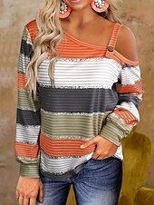 billige Kvinne Striper &amp; Geometriske Topper-Dame Bluse Stilfull Fritid Langermet kald skulder Vanlige topper Daglig Lapper Trykt mønster Oransje Sommer Vår