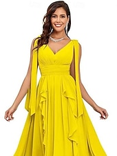 baratos Vestidos de Noite-Vestidos de Quinceanera A-Line Vestido Elegante Performance Natal Comprimento do Chão Sem Mangas Decote V Chiffon Costas Nuas com Pregas