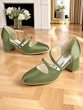 cheap 1950s Retro-Women's 1950s Green Satin Mary Jane Block Heels – Elegant Cross-Strap Vintage Shoes for Weddings, Parties, and Formal Events