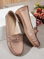 abordables Chaussures sans lacet et mocassins femme-Mocassins pour femme en similicuir métallisé avec mors doré, chaussures plates confortables à enfiler pour la conduite, le travail et les sorties décontractées