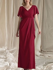 abordables Longueur du plancher-Ligne A Robe de Mère de Mariée  robe demoiselle d honneur Élégant Doux Col en V Longueur au sol Chiffon Manche Courte avec Fronces Drapé latéral 2025