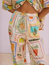 economico Set in cotone e lino-Per donna Moda Streetwear Camicie di cotone e lino Set di biancheria in cotone Set di Pantaloni Manica Corta Colletto a Camicia Frutta Stampato Abbigliamento quotidiano Data Cachi Estate Vestibilit
