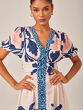 economico Abiti floreali-Abito lungo da donna, ampio, da resort, con stampa floreale, manica corta, arcobaleno, primavera ed estate, scollo a V, vestito da vacanza