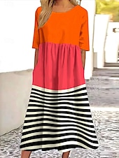 economico Abito a Strisce e Geometrico-Per donna Abito Midi Abito a trapezio Abito Estivo Vacanza Casual Quotidiano Ferie Vestibilità comoda Grafico Geometrico A righe Mezza Manica Girocollo Rosso Estate