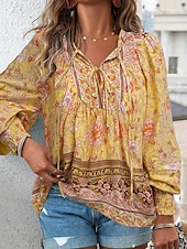 cheap Boho Tops-Women&#039;s Boho Shirt Blouse Flower Modern Boho Long Sleeve V Neck Regular Tops Daily Going out Print Yellow Pink Navy Blue Blue Orange Summer