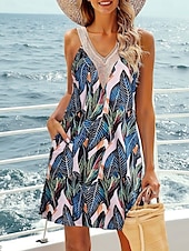 ieftine Rochii casual florale-Pentru femei Rochie Mini Rochie A line Rochie Slip Vacanță Casual Stiluri de Plajă Fără mâneci Concediu Dată Plajă Fit regulat Grafic Fără manșon În V apa albastra Negru Verde Deschis Roșu-aprins Vară