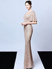 cheap CHAMPAGNE-A-Line Quinceanera Dresses Elegant Dress Formal Wedding Floor Length Short Sleeve V Neck Sequined with Tassel