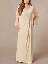 preiswerte Bodenlänge-A-Linie Brautmutterkleid Hochzeitsgast Elegant V Ausschnitt Bodenlang Chiffon Spitze Langarm mit Falten Perlenstickerei Raffung 2025