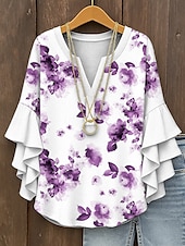 economico Top Floreali-Blusa da Donna con Maniche a Ruffle a Strati Grafica Floreale Elegante Bohemia Vintage Maniche a 3/4 Collo a V Maglietta Regolare Abbigliamento Estivo Primaverile per Vacanze Stampa Gialla Rossa Blu