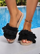preiswerte Urlaubsandalen-Damen-Sandalen mit Fransen – flache Schuhe im Bohème-Makramee-Stil für den Pool, den Urlaub und entspannte Sommertage