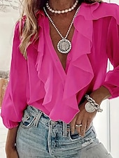 billige Kvinne Enkle Topper-Dame Skjorte عادي damer Langermet Lanterne Erme Skjortekrage Vanlige topper Arbeid Daglig Drapering Knapper Gressgrønn Grønn Beige Rose Rosa Sommer Vår