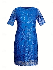 baratos Comprimento do chá-Vestido Plus Size Mãe da Noiva Vestido Curves Elegante Decote Cano Comprimento do Chá Renda Manga Curta com Cor Sólida