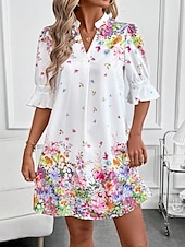 economico Abiti floreali-Per donna Mini Abito Abito a trapezio Vacanza Casual Boho All&#039;aperto Uscire Spiaggia Vestibilità standard Floreale Grafico Manica Corta Scollo a V Bianco Rosa Blu Verde Estate Primavera
