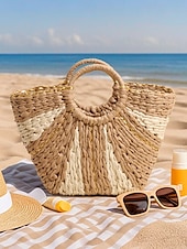 abordables Cabas et fourre-tout-Sac de plage élégant en paille tressée pour femme avec poignées circulaires, grande capacité, design bohème écologique, parfait pour l&#039;été, les vacances et les excursions d&#039;une journée