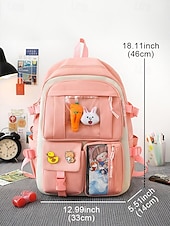 tanie Plecaki dla dzieci i nastolatków-damski 6-częściowy uroczy plecak kawaii z przezroczystymi kieszeniami z przodu, przypinkami z kreskówek i pluszowymi zawieszkami, lekka nylonowa torba szkolna dla nastoletnich dziewcząt, do codziennego użytku na uczelnię