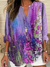 abordables Hauts de Vacances pour Femmes-Femmes Chemise Fleur Quotidien Élégant Basique manche longue Col en V Hauts Réguliers Quotidien Fête Imprimé Jaune Bleu Roi Violet Printemps Automne