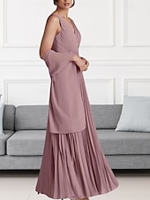 abordables Longueur du plancher-Ligne A Robe de Mère de Mariée  robe demoiselle d honneur Élégant Col en V Longueur au sol Chiffon Sans manches Echarpe incluse avec Perlage Fronces 2025