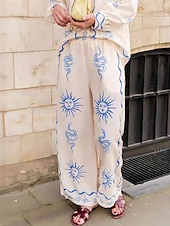 ieftine Seturi-Pentru femei Modă Șic Stradă Cămăși Bumbac In Seturi de lenjerie de bumbac Seturi de pantaloni Manșon Lung Guler Cămașă Geometric Imprimeu Purtare Zilnică Dată Bej Vară Fit regulat