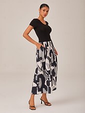 economico Abiti floreali-Abito lungo da donna in bianco e nero lavorato a maglia, patchwork, tessuto, stampa geometrica astratta, elegante, gonna a trapezio, svolazzante, elastico in vita, casual, da indossare tutti i giorni