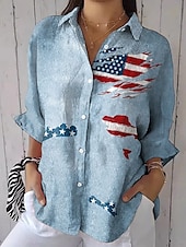levne Den nezávislosti Top-Košile pro ženy k Dni nezávislosti Patriotic Čtvrtého července Grafika květiny USA Vintage Tropická Každodenní Dlouhý rukáv Límec Pravidelné topy Práce Každodenní Tisk Námořní modrá Světle modrá Léto