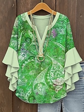 levne Dámské boho topy-Dámské Halenka Grafika Kašmírový vzor Elegantní Čechy Geleneksel 3/4 délka rukávu Do V Běžné topy Denní Dovolená Oblečení na dovolenou Volány Tisk Rubínově červená Vodní modrá Fialová Oranžov