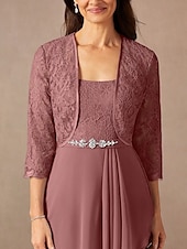 billiga Golvlängd-Tvådelad A-linjeformad Mor till Brud-Klänning Bröllopsgäst Elegant Söt Rundhalsad Golvlängd Chiffon Spets 3/4 Längd Ärmar med Spetspärlor Volanger