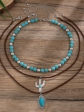cheap Women&#039;s Necklace-Women&#039;s Western Layered Turquoise Beaded Necklace Set – Boho Statement Jewelry with Cactus &amp; Teardrop Charms, Ideal for Festivals, Country Concerts and Casual Wear