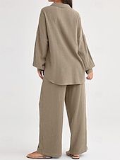 abordables Ensembles-Femmes Actif Mode Chemises en coton et lin Ensembles en coton et lin Chemisier manche longue Col de chemise Couleur Unie Dubbele Rij Knopen Fête Décontracté Quotidien Noir Ivoire Vin Été Coupe