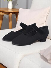 ieftine Pantofi Dans Latin-Pantofi de dans negri cu toc jos pentru femei, din material elastic și respirabil, pentru antrenament profesional de dans latin sau jazz