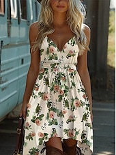 preiswerte Boho Kleid-Damen Minikleid Sommerkleid Unterkleid Schulterfreies Kleid Urlaub Lässig Boho Outdoor Cocktailparty Ausgehen Standard Passform Blumen Grafik Geometrisch Ärmellos V Ausschnitt Schwarz Hellgrün Rosa