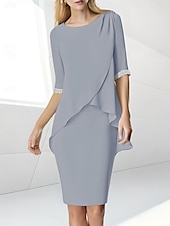 preiswerte Teelänge-Strandhochzeit Etuikleid Mutter der Braut Kleid Hochzeitsgast Eleganter Juwelenausschnitt Teelänge Chiffon halblangärmelig mit Perlen-Raffung