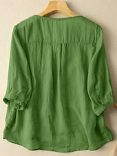 billige Skjorter-Dame Skjorte Bluse Skjorter i bomullslin Helfarge Stilfull Fritid 3/4 ermer Crew-hals Vanlige topper Daglig Broderi Knapper Gul Rød Lilla Grønn Sommer Vår