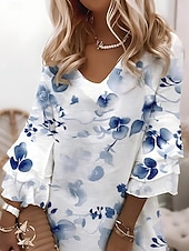 abordables Robes fleuries-Robe mini pour femme, robe trapèze, robe d&#039;été, robe bohème, soirée, coupe classique, volants superposés, manches 3/4, col en V, bleu clair, vert clair, violet, été