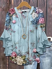 Women's Blouse V Neck Floral Graphic Bohemia Vintage Daily 3/4 Length Sleeve Flutter Sleeve Regular Tops Daily Holiday Vacation Wear Ruffle Print Blue Light Blue Summer Spring Fall4