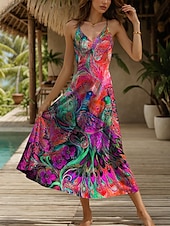 cheap Art&amp;Design Dress-Women&#039;s Maxi Dress Sundress A Line Dress Slip Dress Vacation Casual Flowy Beach Regular Fit Floral Graphic Animal Sleeveless V Neck Spaghetti Strap Yellow Red Blue Purple Summer Spring